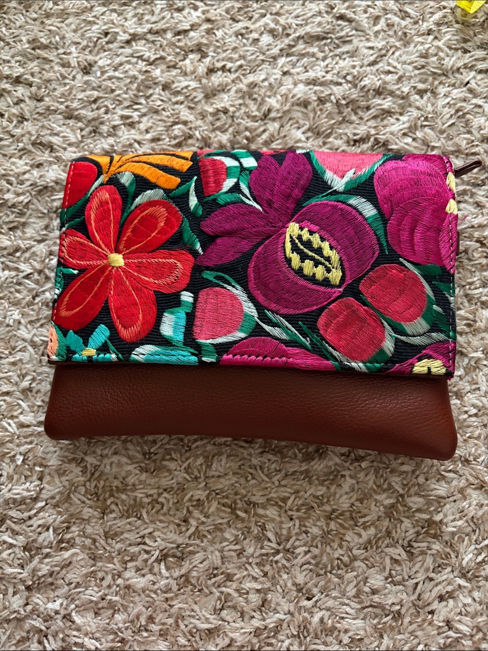 Embroidered Floral Foldover Clutch in Multicolor and Brown